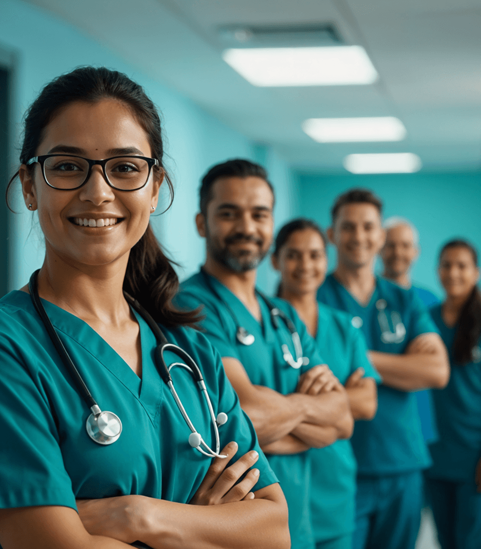 Medical team of doctors and nurses in teal scrubs